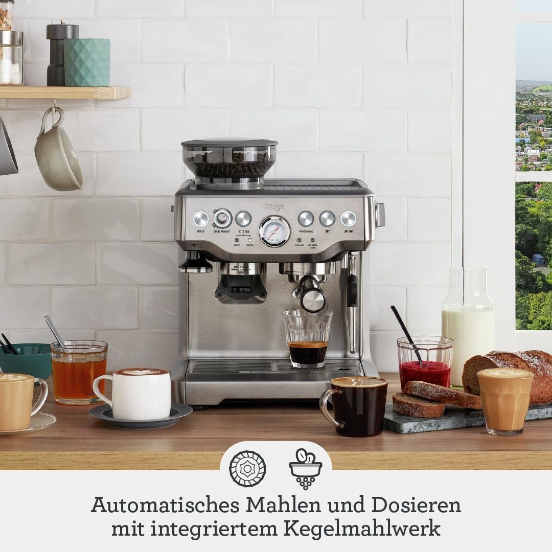 Sage The Barista Express, Kaffeemaschine, Gebürsteter Edelstahl | Kaffeemaschine mit manuellem Milchaufschäumer & Mahlwerk, Automatisches Mahlen, individueller Milchschaum