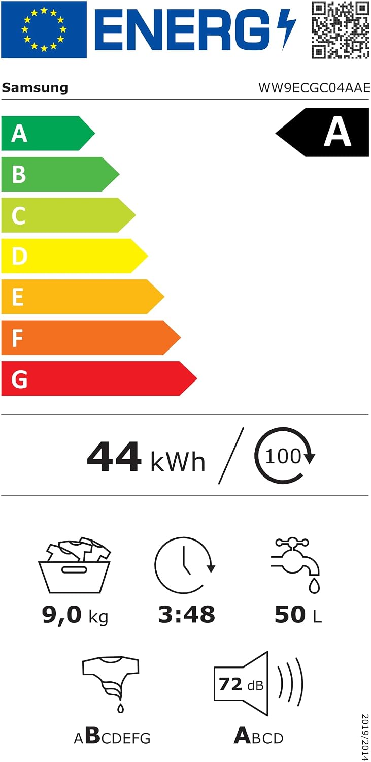Samsung Waschmaschine, 9 kg, 1.400 U/min, EEK: A, Mikroplastik-Programm, Ecobubble, 14 Programme, WiFi SmartControl, Weiß/Schwarz, WW9ECGC04AAEEG