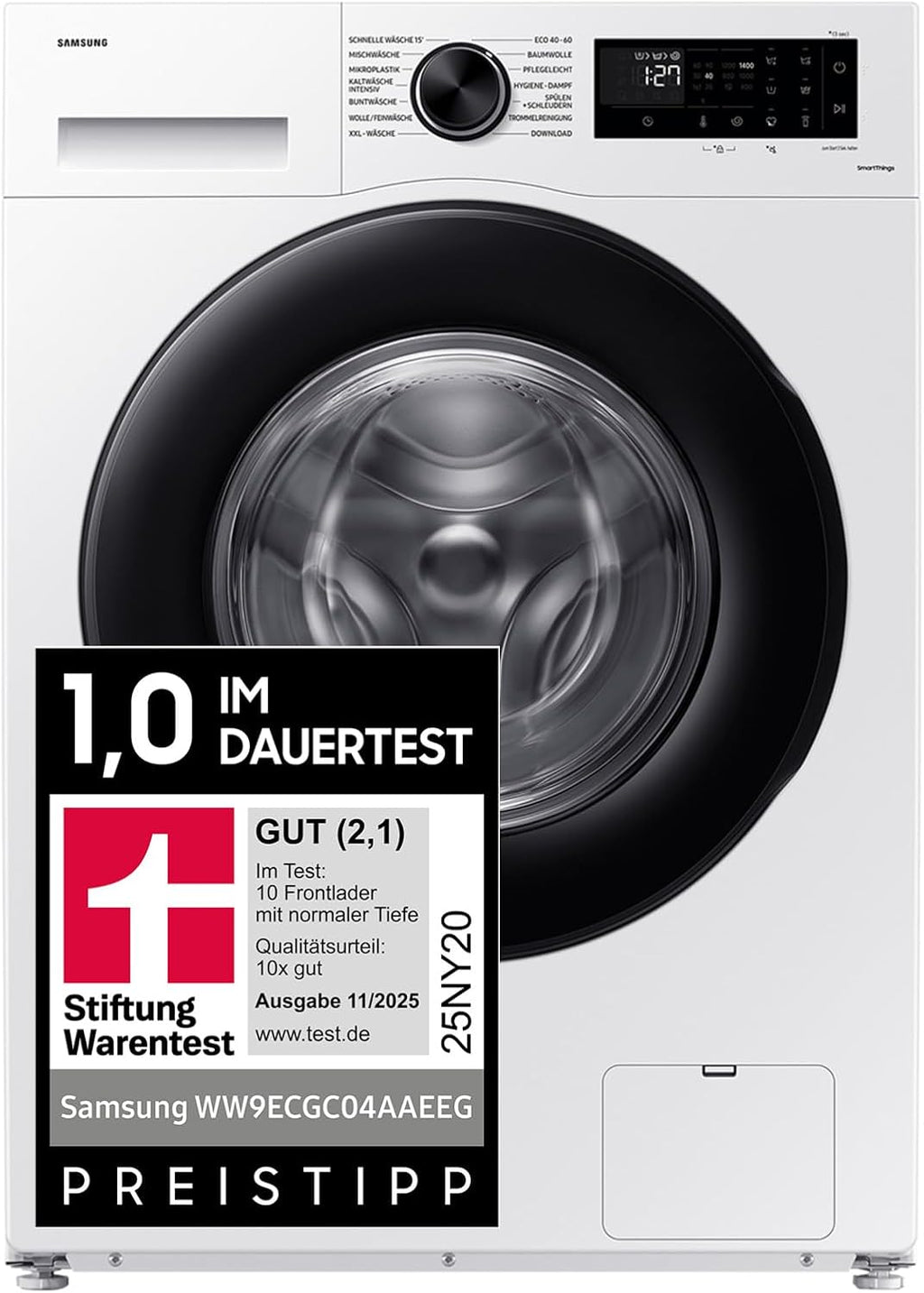 Samsung Waschmaschine, 9 kg, 1.400 U/min, EEK: A, Mikroplastik-Programm, Ecobubble, 14 Programme, WiFi SmartControl, Weiß/Schwarz, WW9ECGC04AAEEG