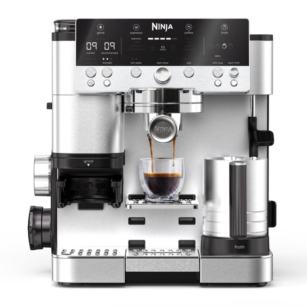 Ninja Luxe Premier 3-in-1 Coffee Machine with Grinder, Frother for Latte, Cappuccino, Cold Brew & Espresso, Up to 2 Cups, 4 Frothing Presets, Grey Metal ES601EUGM