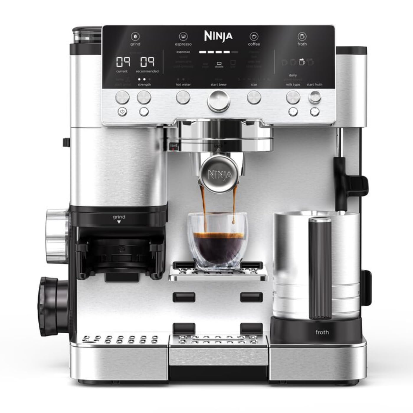 Ninja Luxe Premier 3-in-1 Coffee Machine with Grinder, Frother for Latte, Cappuccino, Cold Brew & Espresso, Up to 2 Cups, 4 Frothing Presets, Grey Metal ES601EUGM