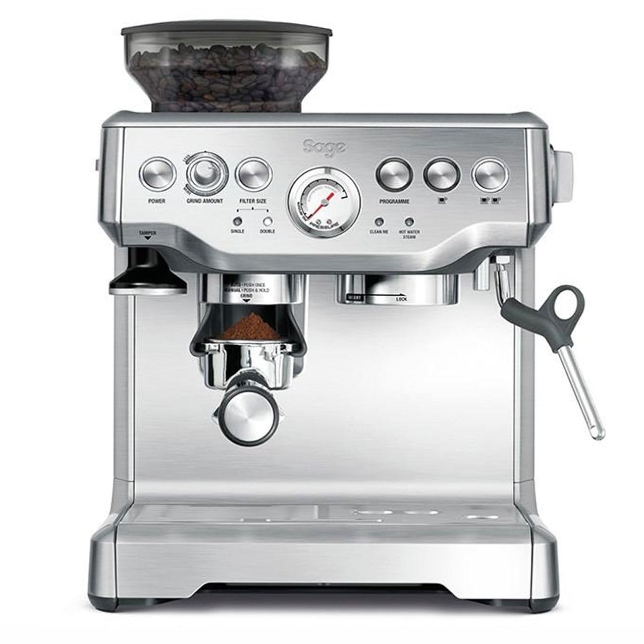 Sage The Barista Express, Kaffeemaschine, Gebürsteter Edelstahl | Kaffeemaschine mit manuellem Milchaufschäumer & Mahlwerk, Automatisches Mahlen, individueller Milchschaum