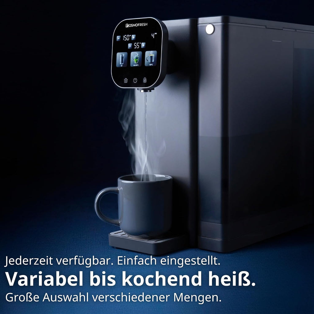 OsmoFresh Fusion Air Auftisch Osmoseanlage | Keine Installation | Heißwasserspender | Filterung & Mineralien | 3-Fach UV-C LED | Abwasserverhältnis 2:1 | TÜV zertifiziert