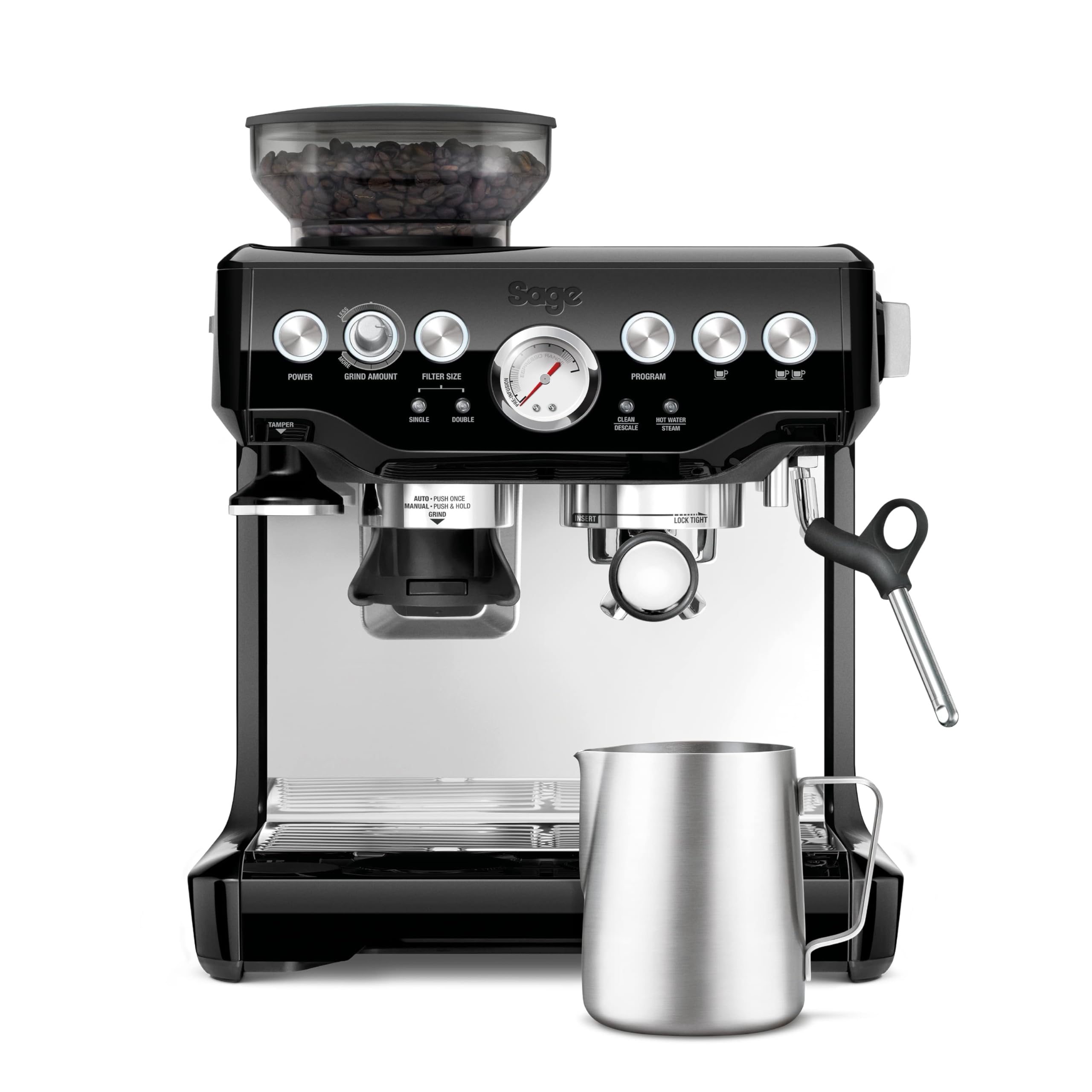 Sage The Barista Express, Kaffeemaschine, Gebürsteter Edelstahl | Kaffeemaschine mit manuellem Milchaufschäumer & Mahlwerk, Automatisches Mahlen, individueller Milchschaum