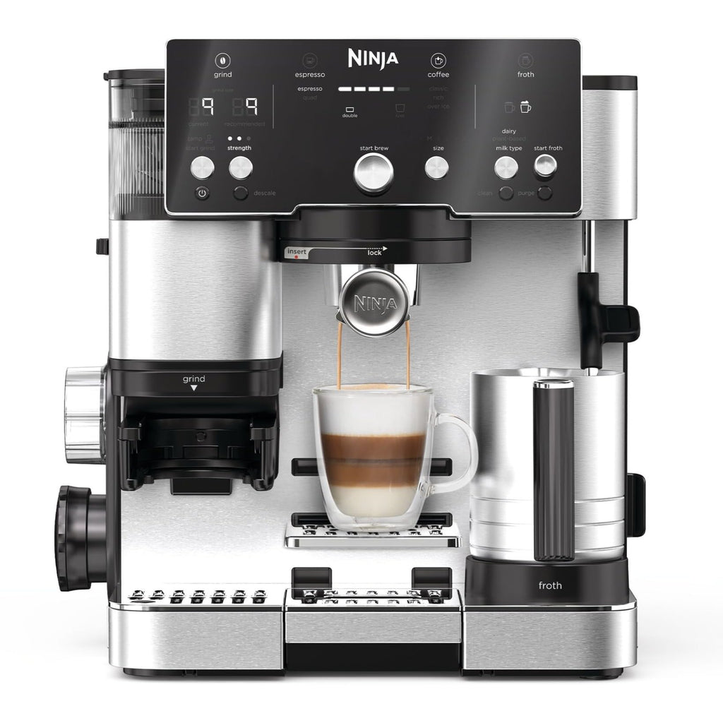 Ninja Luxe Premier 3-in-1 Coffee Machine with Grinder, Frother for Latte, Cappuccino, Cold Brew & Espresso, Up to 2 Cups, 4 Frothing Presets, Grey Metal ES601EUGM