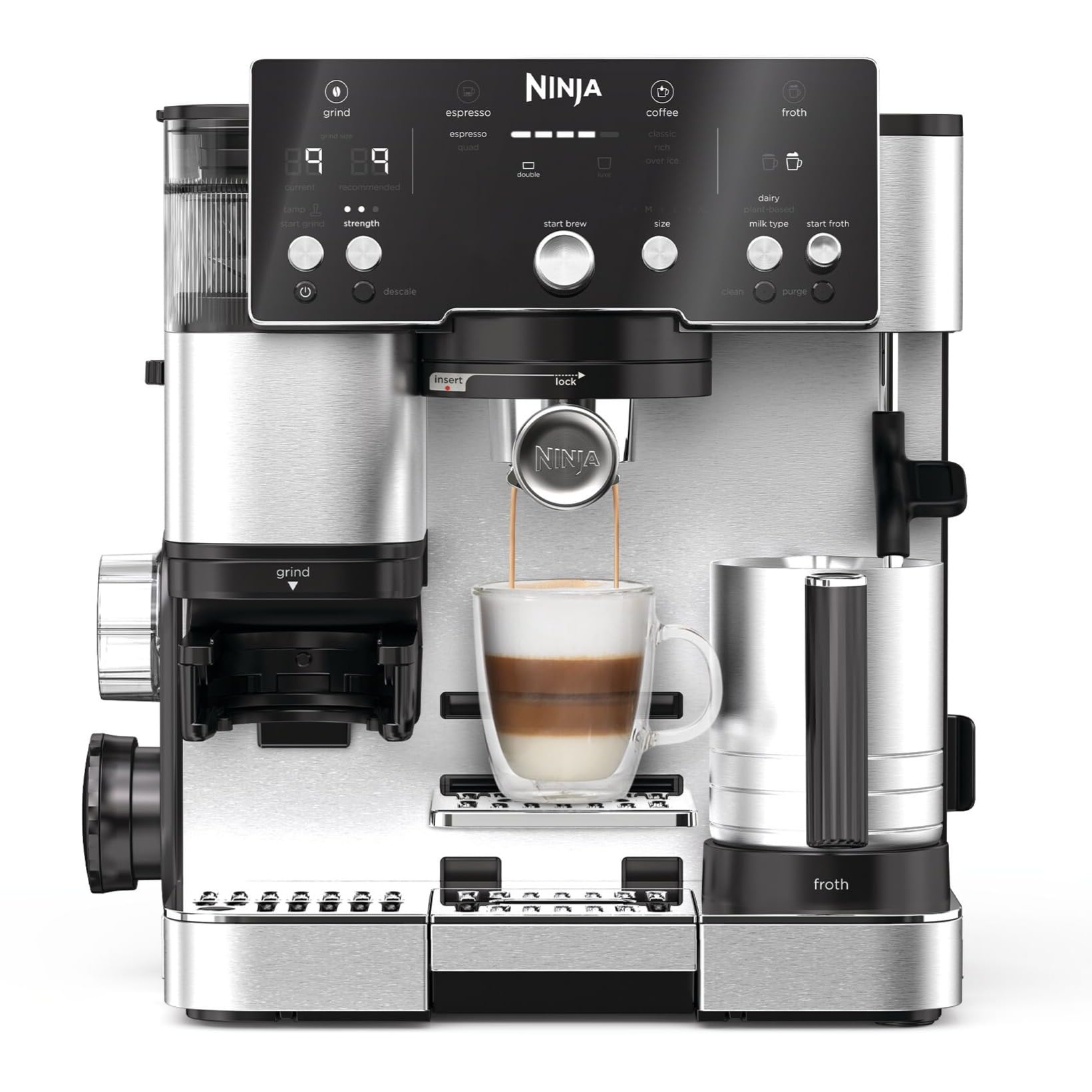 Ninja Luxe Premier 3-in-1 Coffee Machine with Grinder, Frother for Latte, Cappuccino, Cold Brew & Espresso, Up to 2 Cups, 4 Frothing Presets, Grey Metal ES601EUGM