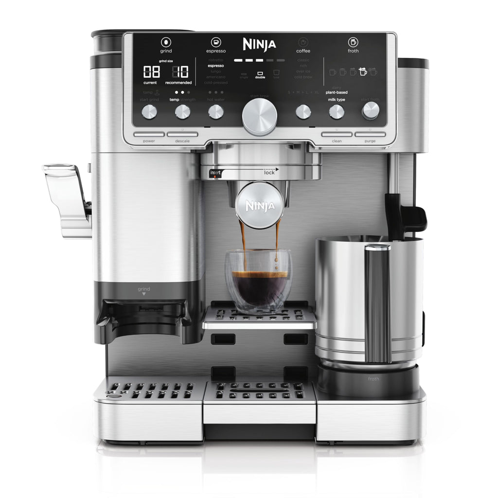 Ninja Luxe Premier 3-in-1 Coffee Machine with Grinder, Frother for Latte, Cappuccino, Cold Brew & Espresso, Up to 2 Cups, 4 Frothing Presets, Grey Metal ES601EUGM