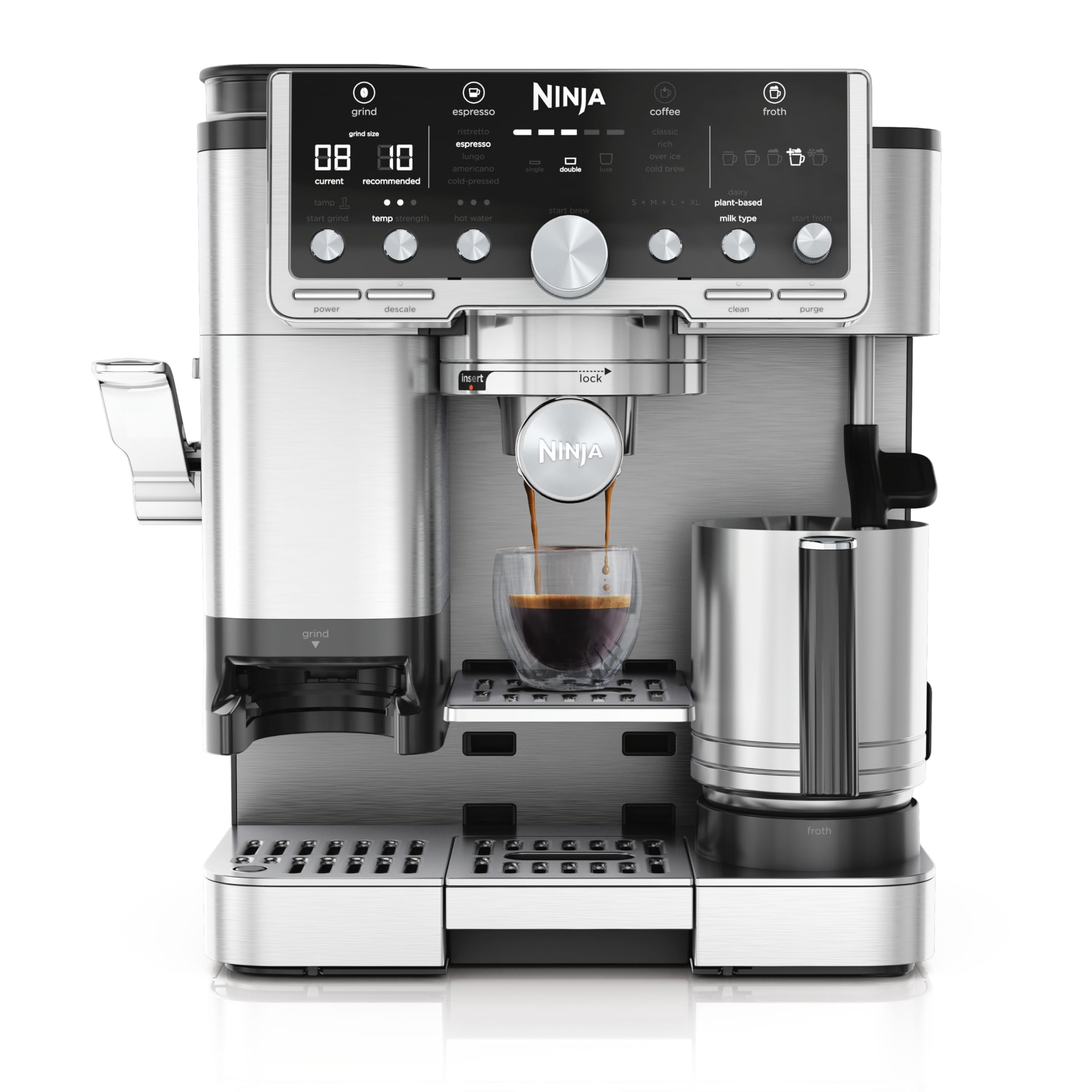 Ninja Luxe Premier 3-in-1 Coffee Machine with Grinder, Frother for Latte, Cappuccino, Cold Brew & Espresso, Up to 2 Cups, 4 Frothing Presets, Grey Metal ES601EUGM