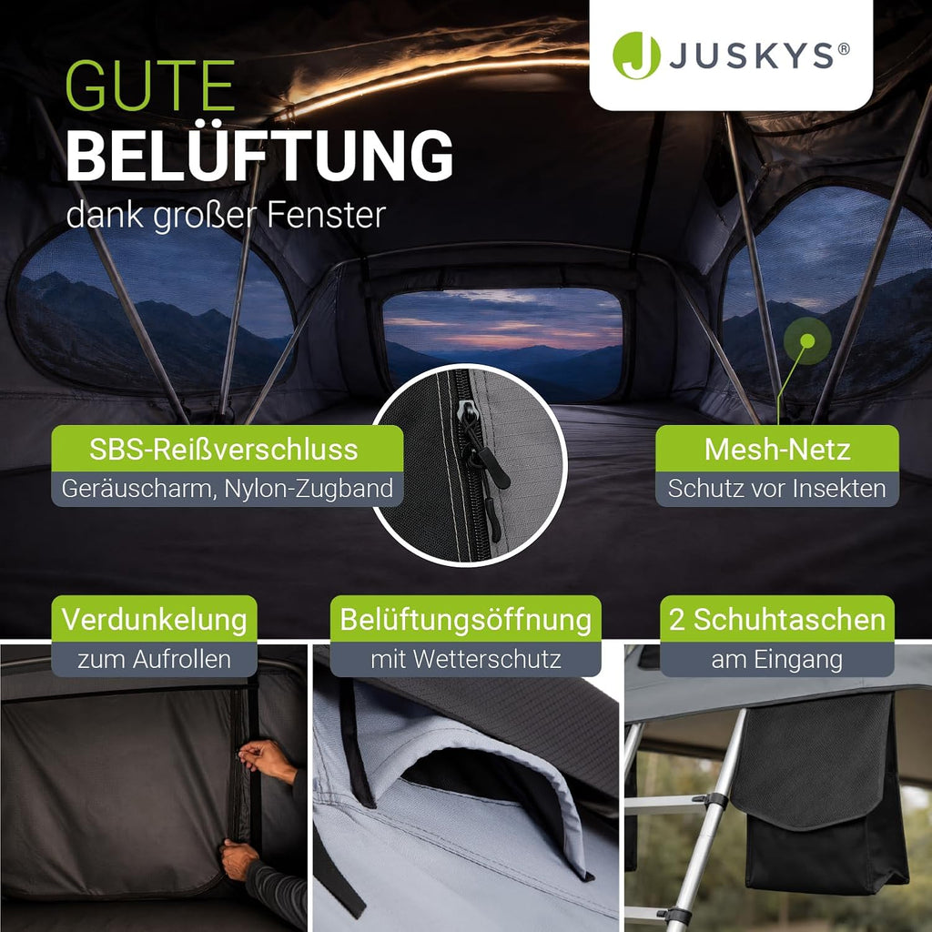 Juskys Autodachzelt Lago - Robuste Konstruktion, wasserabweisend & UV-Schutz, Autodachzelt, Camping, LED-Beleuchtung