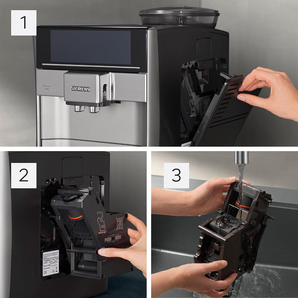 Siemens Kaffeevollautomat EQ6 plus s300, Milchsystem, 11 Getränke, automatische Reinigung des Milchsystems, Keramikmahlwerk, großes Touchdisplay, Silber, TE653501DE