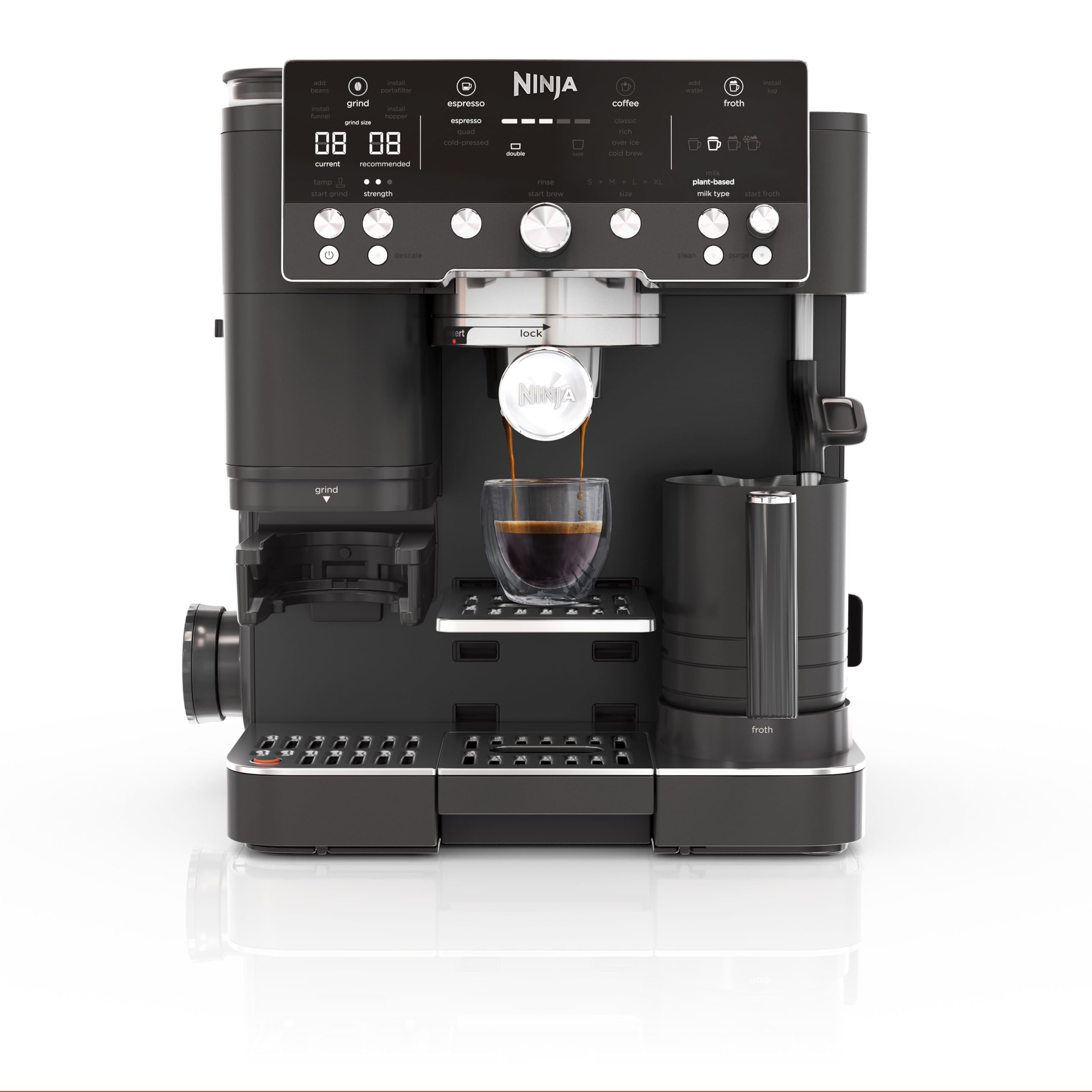 Ninja Luxe Premier 3-in-1 Coffee Machine with Grinder, Frother for Latte, Cappuccino, Cold Brew & Espresso, Up to 2 Cups, 4 Frothing Presets, Grey Metal ES601EUGM
