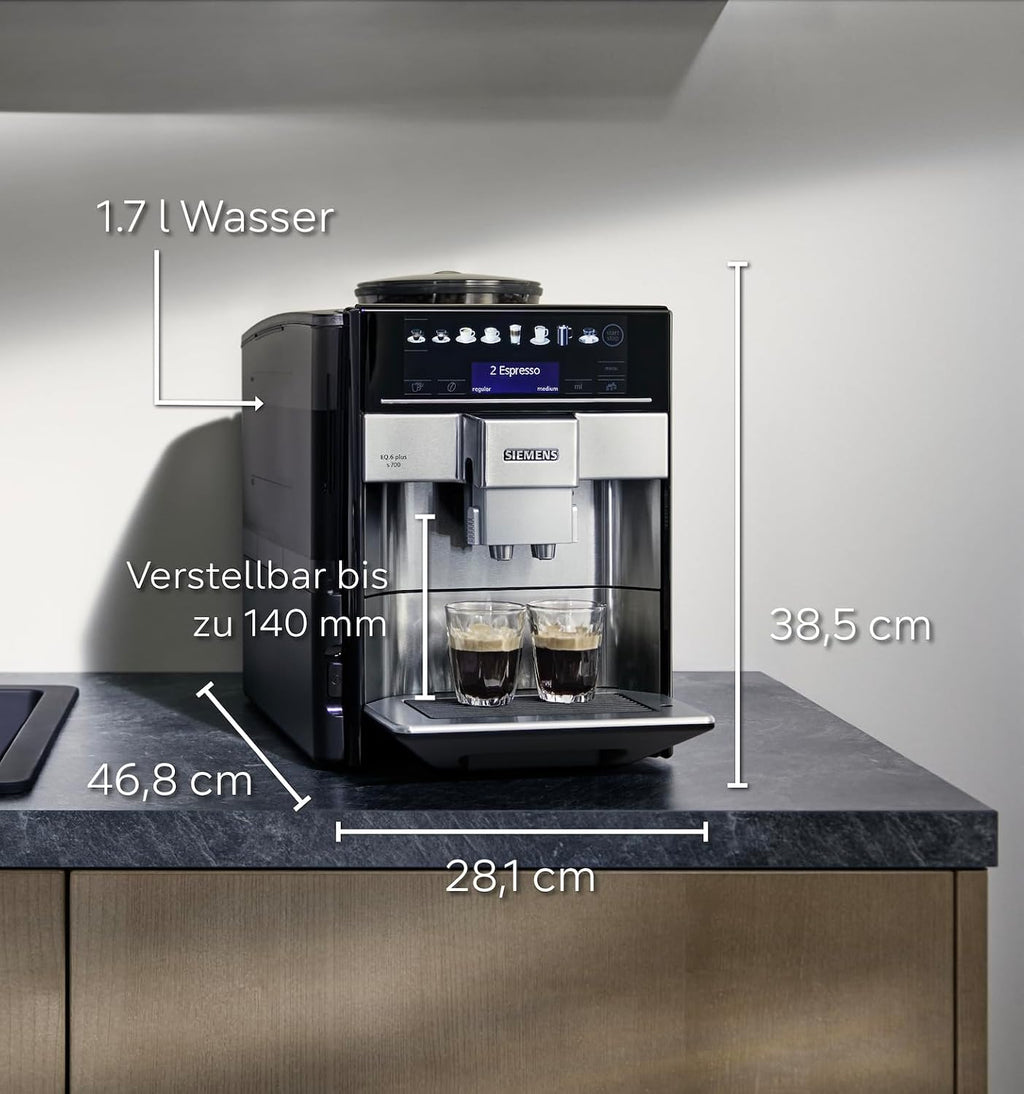 SIEMENS EQ.6 Plus s700 Fully Automatic Coffee Maker, 1500 W, Ceramic Grinder, Touch Sensor Direct Selection Buttons, Personalised Drinks, Double Cup Cover, Stainless Steel