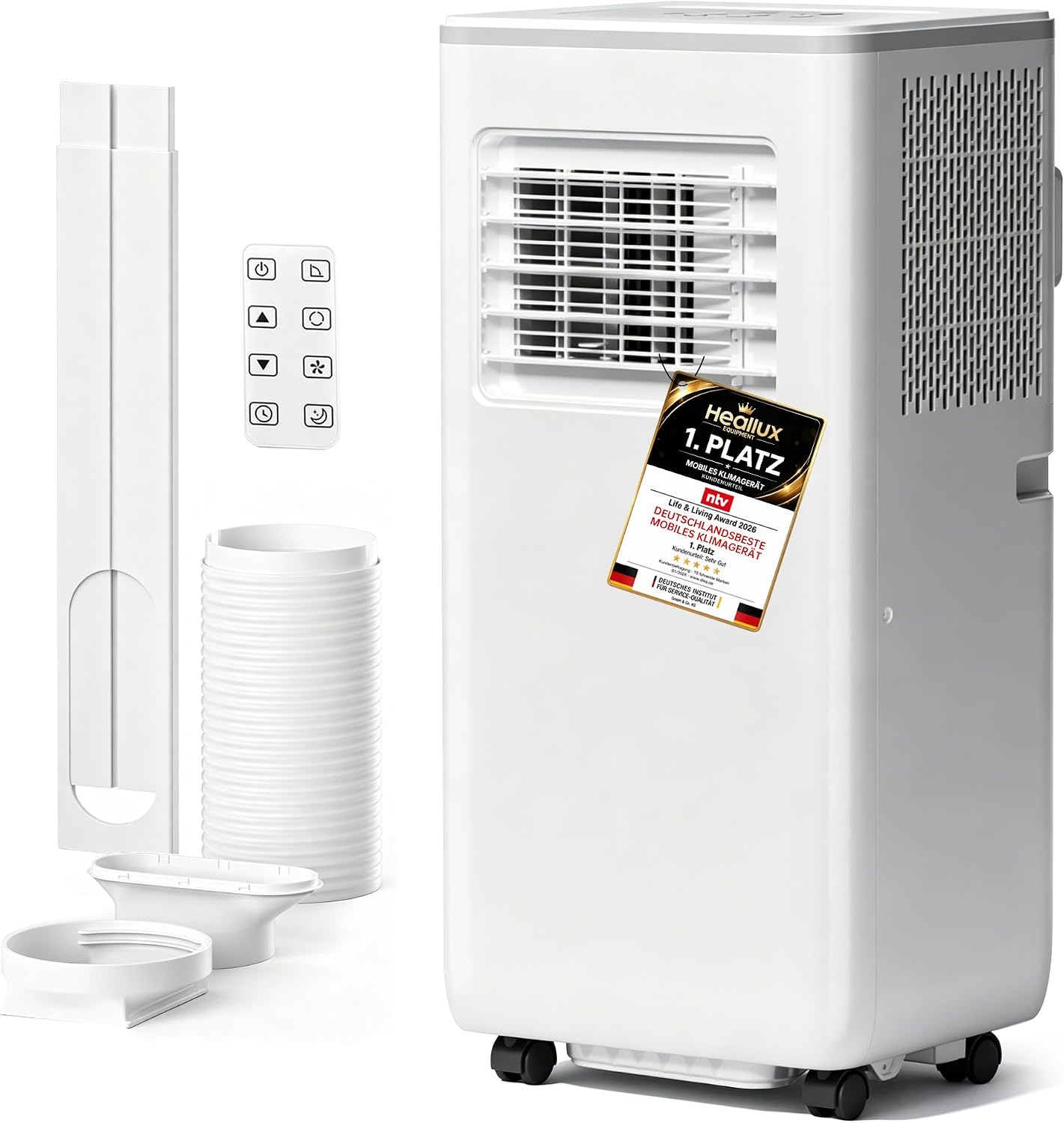 HEALLUX Mobile Air Conditioner 9000 BTU 2.6 kW, Portable Air Conditioner with Remote Control & Exhaust Hose, 4-in-1: Cooling, Ventilating, Dehumidifying, Timer 24 Hours, for Rooms up to 40 m², White