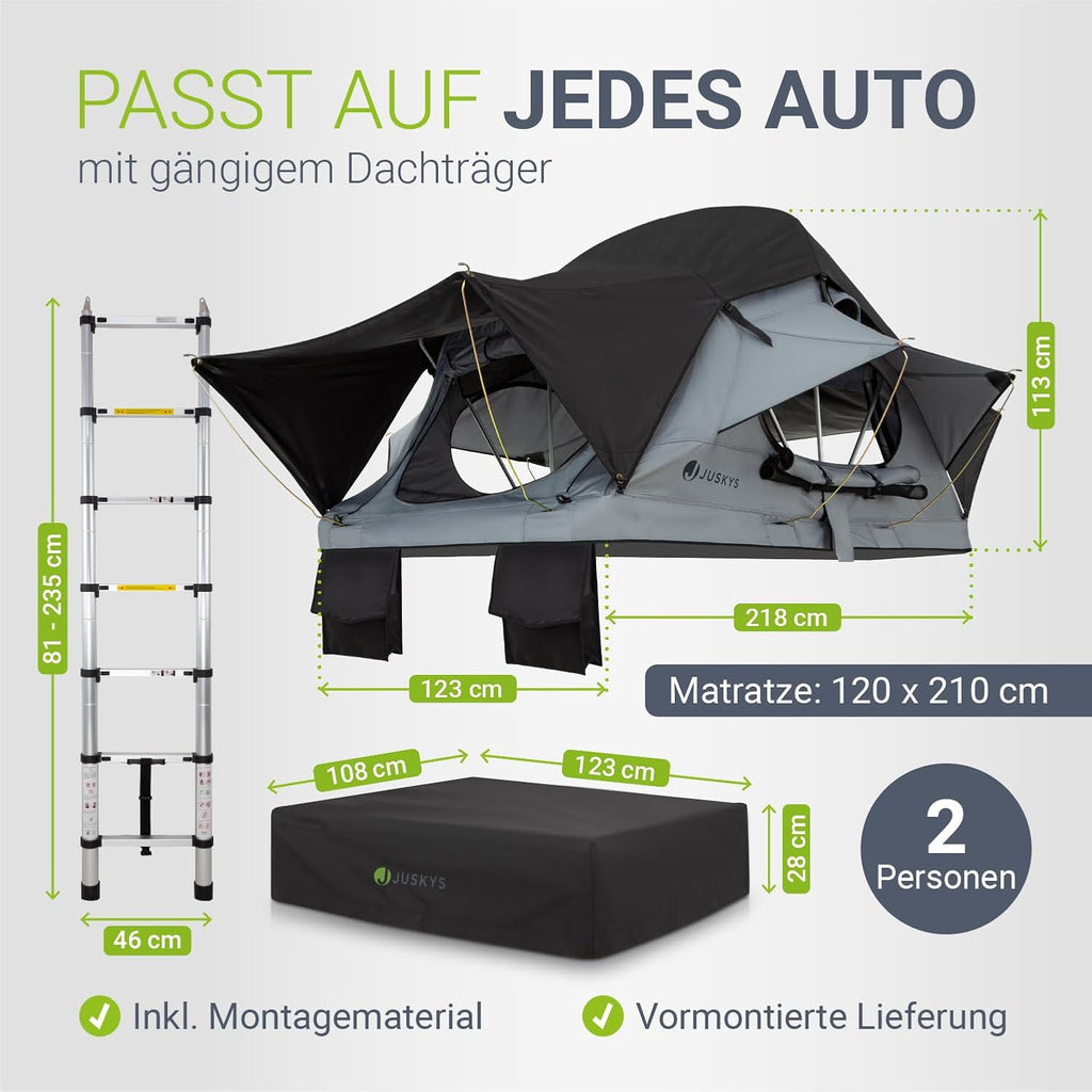 Juskys Autodachzelt Lago - Robuste Konstruktion, wasserabweisend & UV-Schutz, Autodachzelt, Camping, LED-Beleuchtung