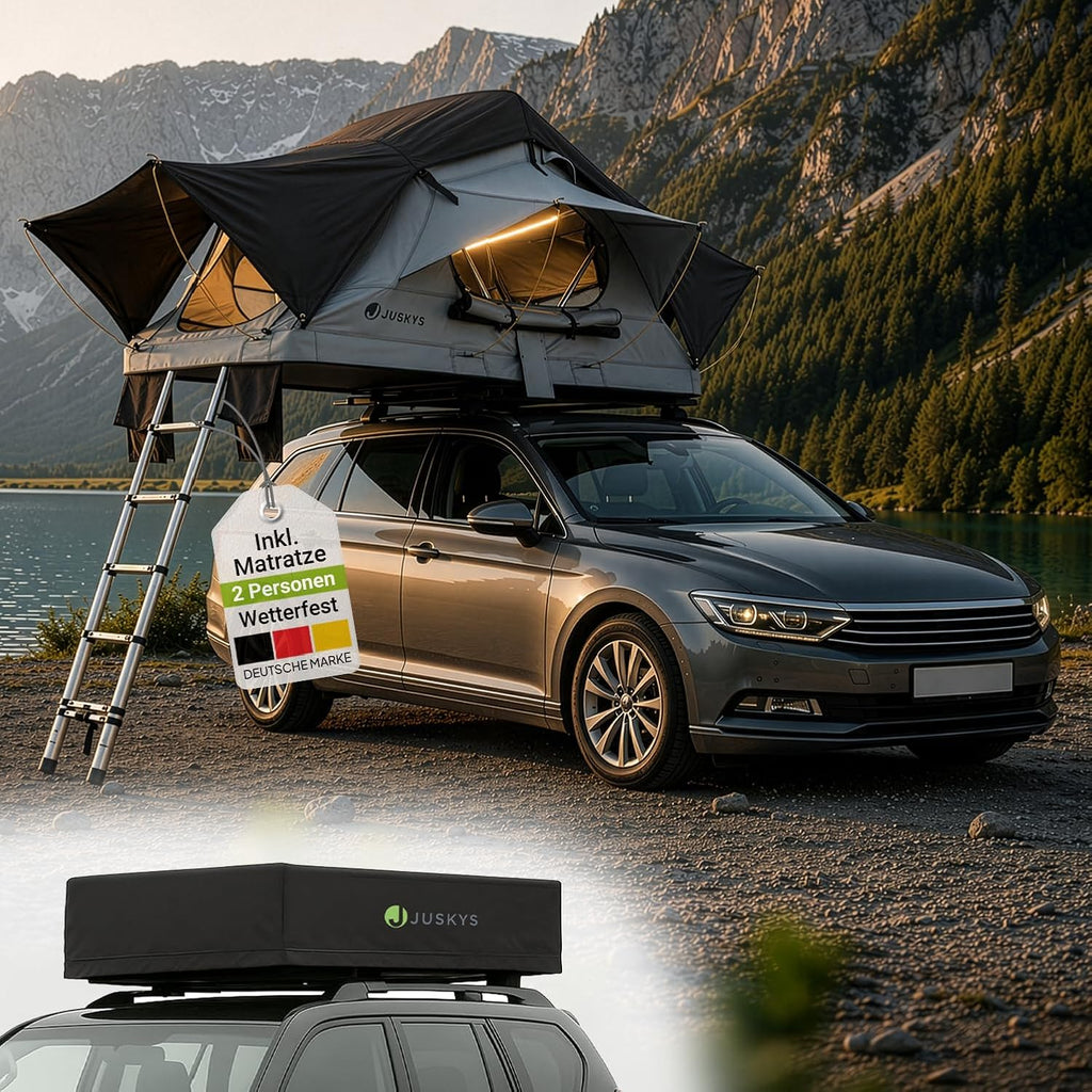 Juskys Autodachzelt Lago - Robuste Konstruktion, wasserabweisend & UV-Schutz, Autodachzelt, Camping, LED-Beleuchtung