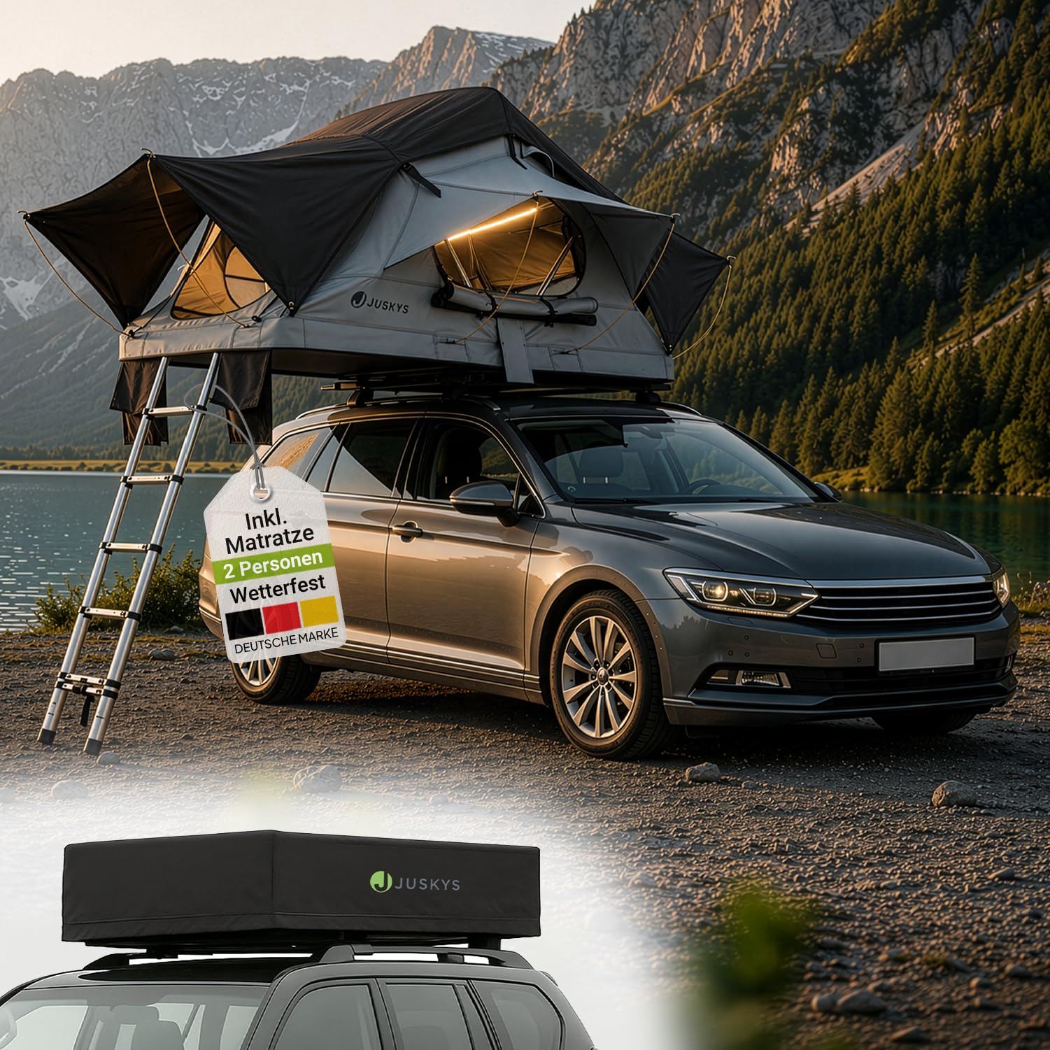 Juskys Autodachzelt Lago - Robuste Konstruktion, wasserabweisend & UV-Schutz, Autodachzelt, Camping, LED-Beleuchtung
