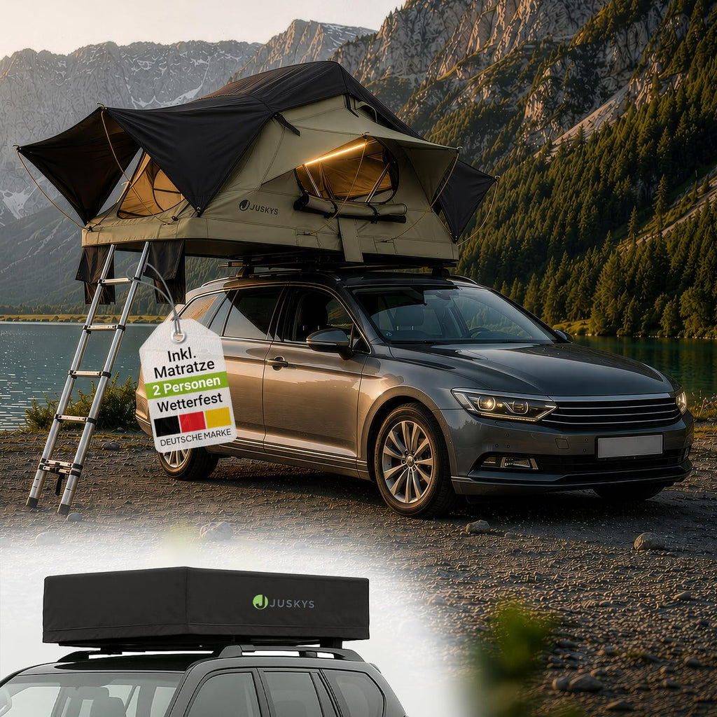 Juskys Autodachzelt Lago - Robuste Konstruktion, wasserabweisend & UV-Schutz, Autodachzelt, Camping, LED-Beleuchtung