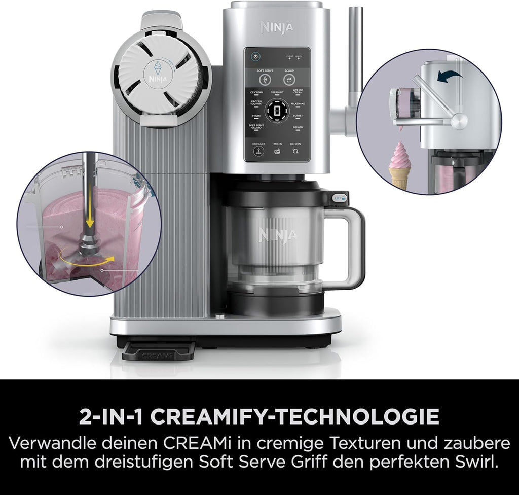 Ninja CREAMi Scoop & Swirl Eismaschine mit 2 Behältern, 13 Funktionen, für Eiscreme, Softeis, Gelato, Sorbet, Milchshakes und mehr, mit Mix-In-Funktion, Platinsilber, NC701EU