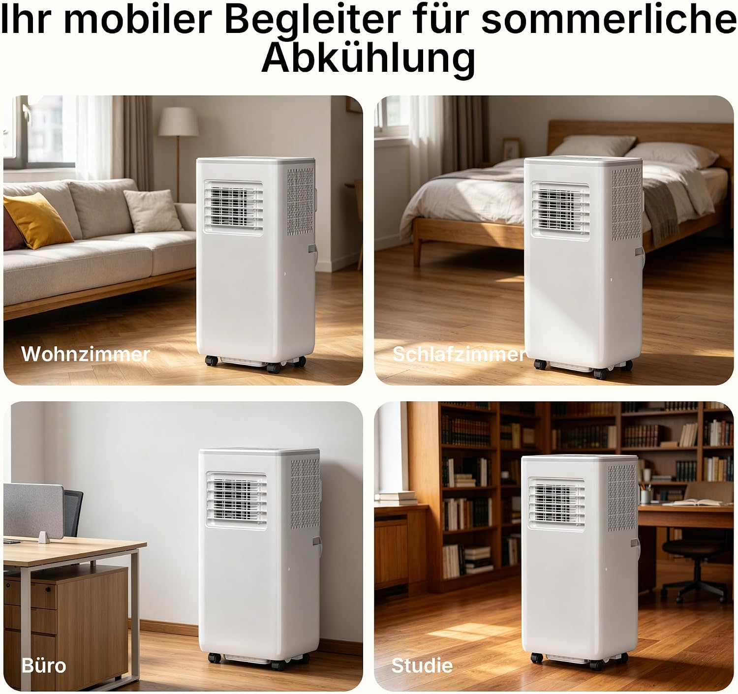 HEALLUX Mobile Air Conditioner 9000 BTU 2.6 kW, Portable Air Conditioner with Remote Control & Exhaust Hose, 4-in-1: Cooling, Ventilating, Dehumidifying, Timer 24 Hours, for Rooms up to 40 m², White