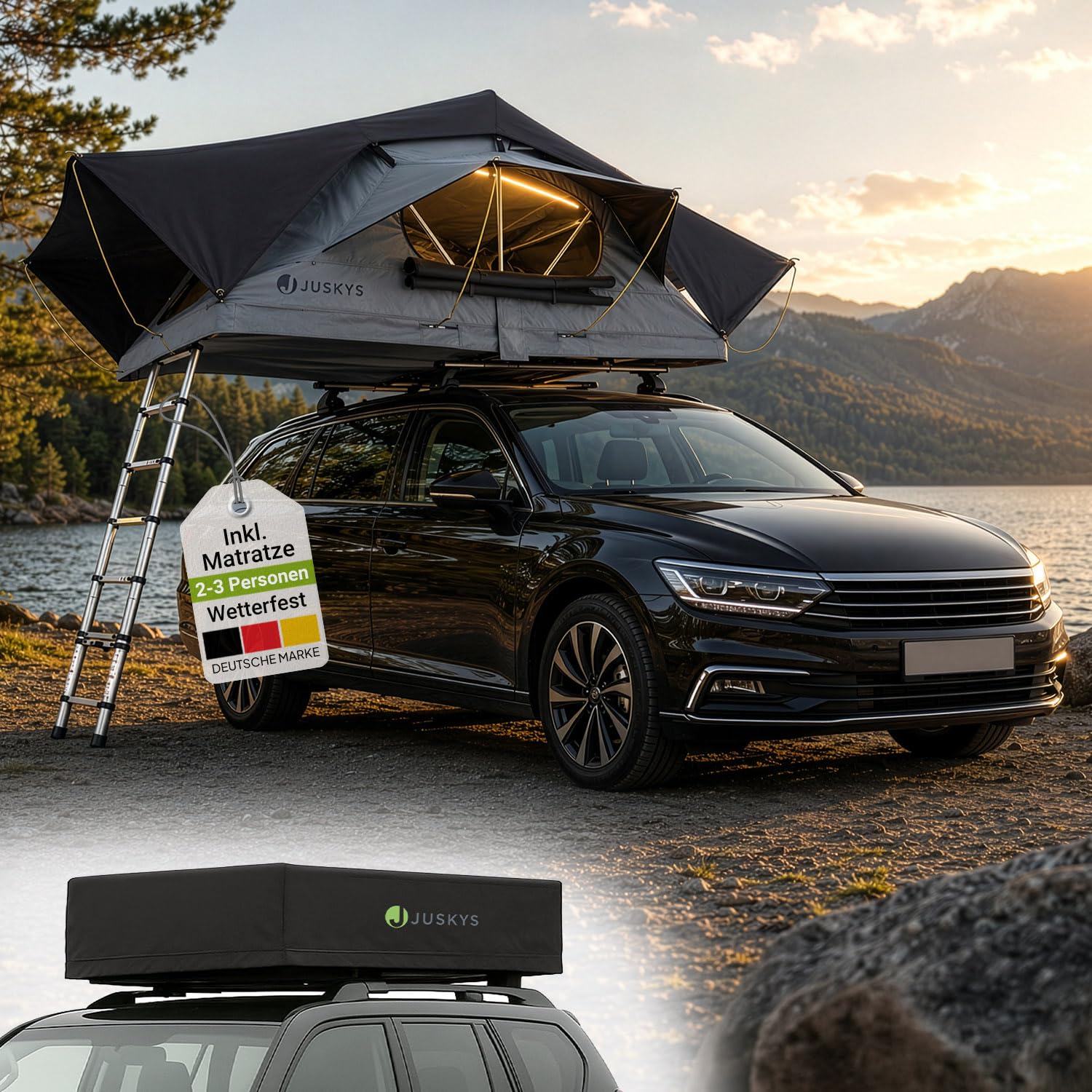 Juskys Autodachzelt Lago - Robuste Konstruktion, wasserabweisend & UV-Schutz, Autodachzelt, Camping, LED-Beleuchtung