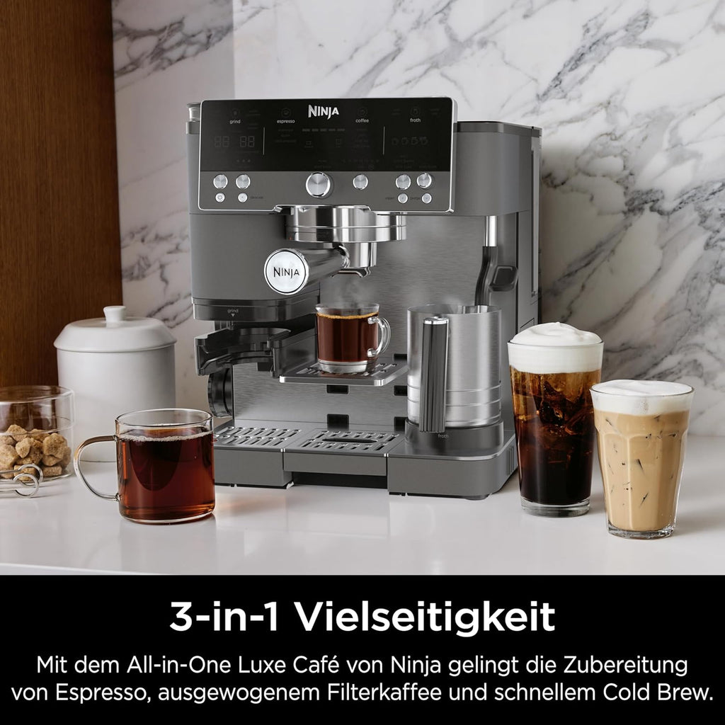 Ninja Luxe Premier 3-in-1 Coffee Machine with Grinder, Frother for Latte, Cappuccino, Cold Brew & Espresso, Up to 2 Cups, 4 Frothing Presets, Grey Metal ES601EUGM
