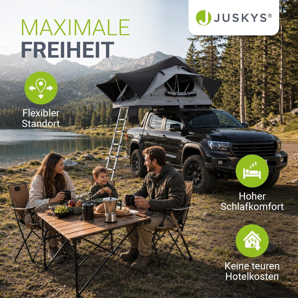 Juskys Autodachzelt Lago - Robuste Konstruktion, wasserabweisend & UV-Schutz, Autodachzelt, Camping, LED-Beleuchtung