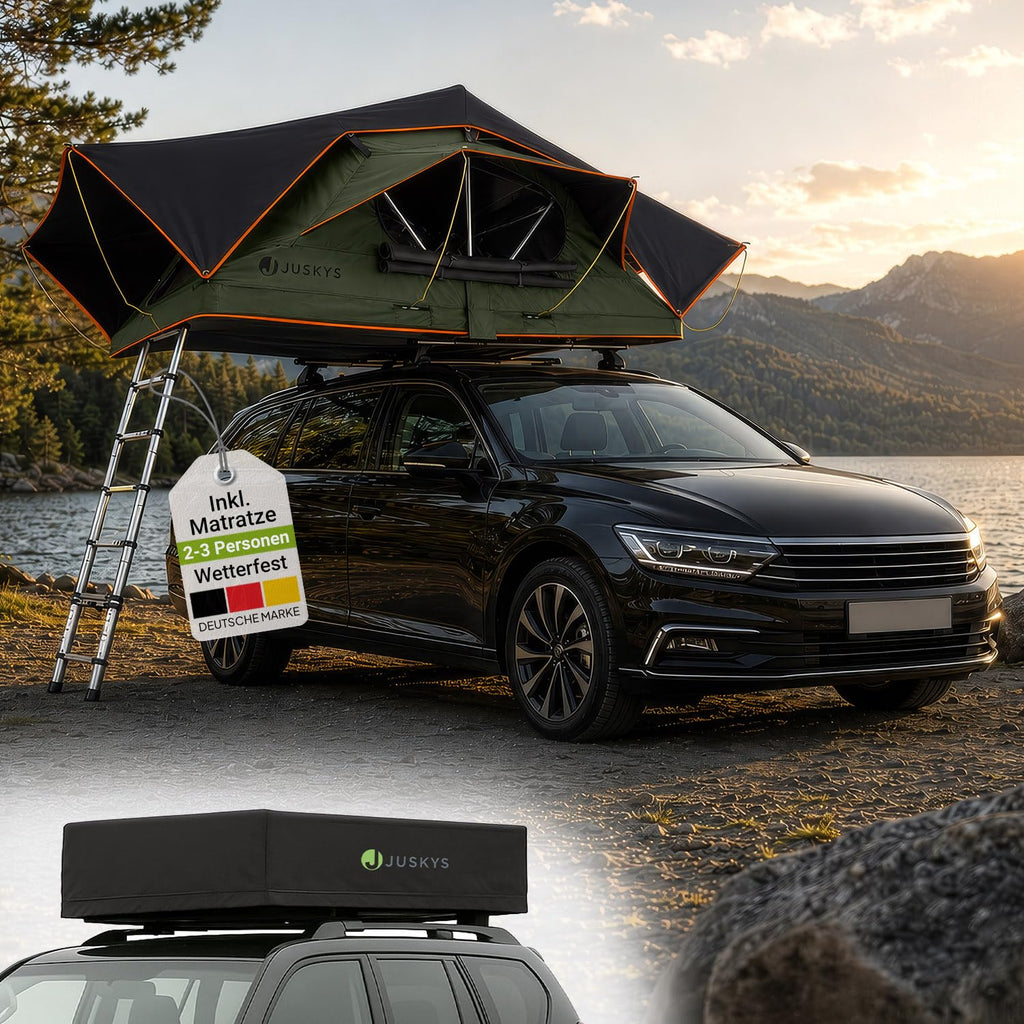 Juskys Autodachzelt Lago - Robuste Konstruktion, wasserabweisend & UV-Schutz, Autodachzelt, Camping, LED-Beleuchtung