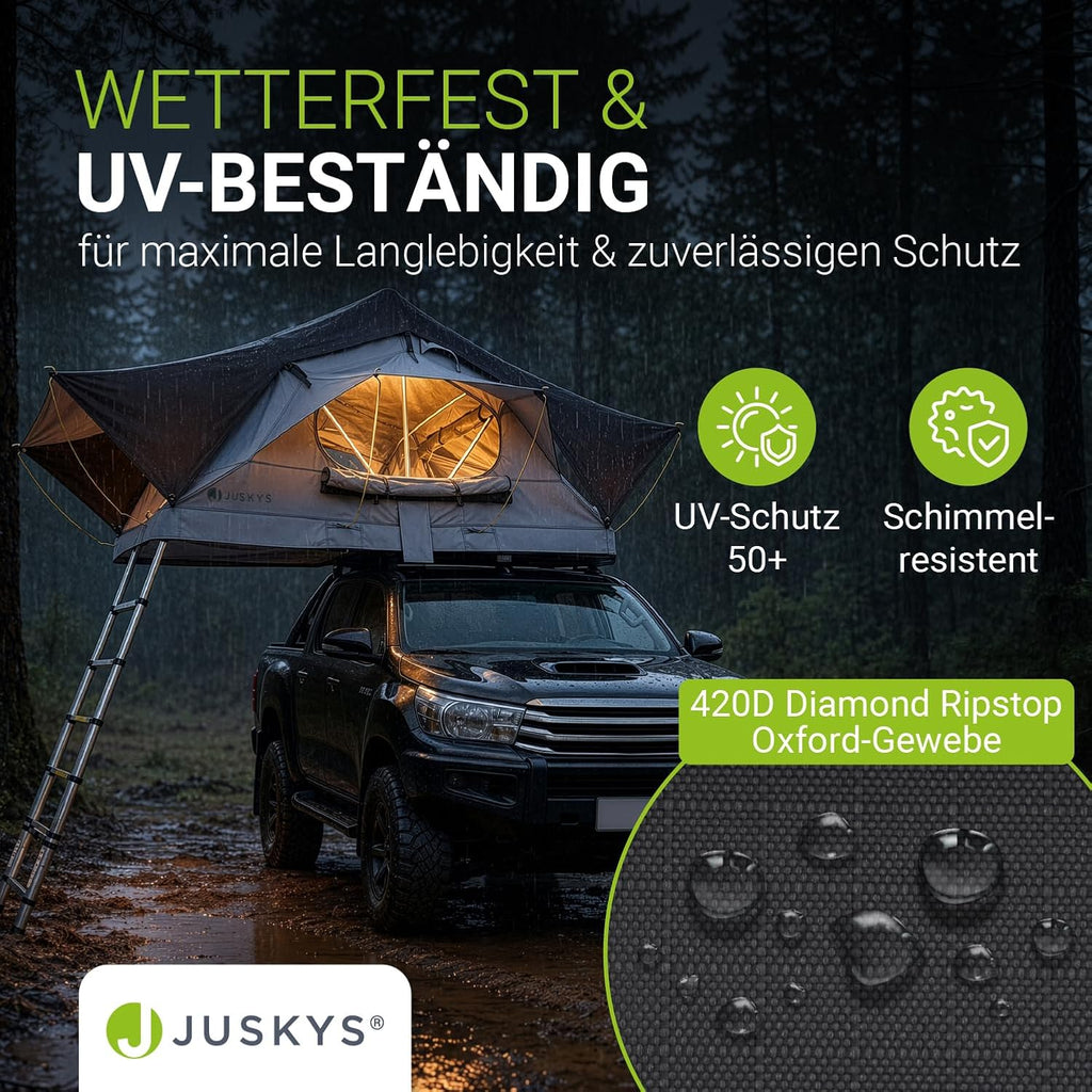 Juskys Autodachzelt Lago - Robuste Konstruktion, wasserabweisend & UV-Schutz, Autodachzelt, Camping, LED-Beleuchtung
