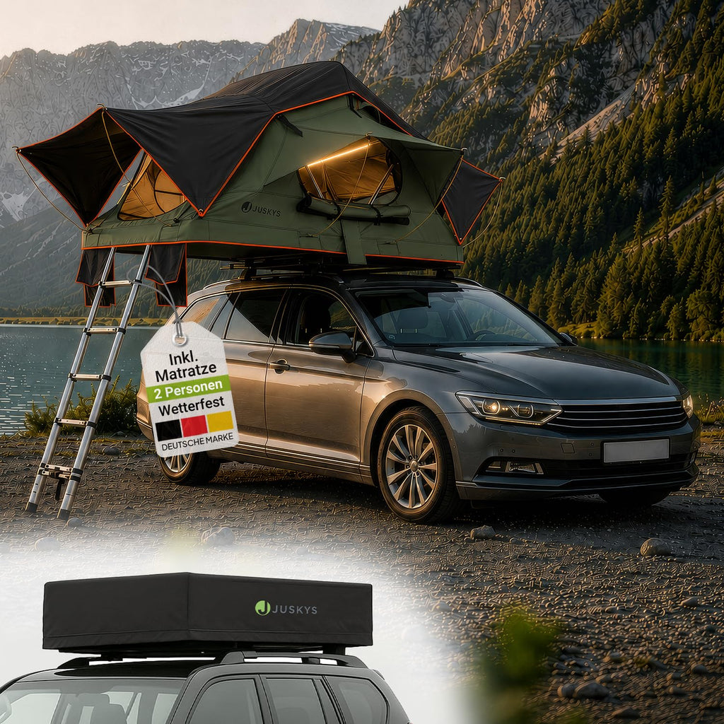 Juskys Autodachzelt Lago - Robuste Konstruktion, wasserabweisend & UV-Schutz, Autodachzelt, Camping, LED-Beleuchtung