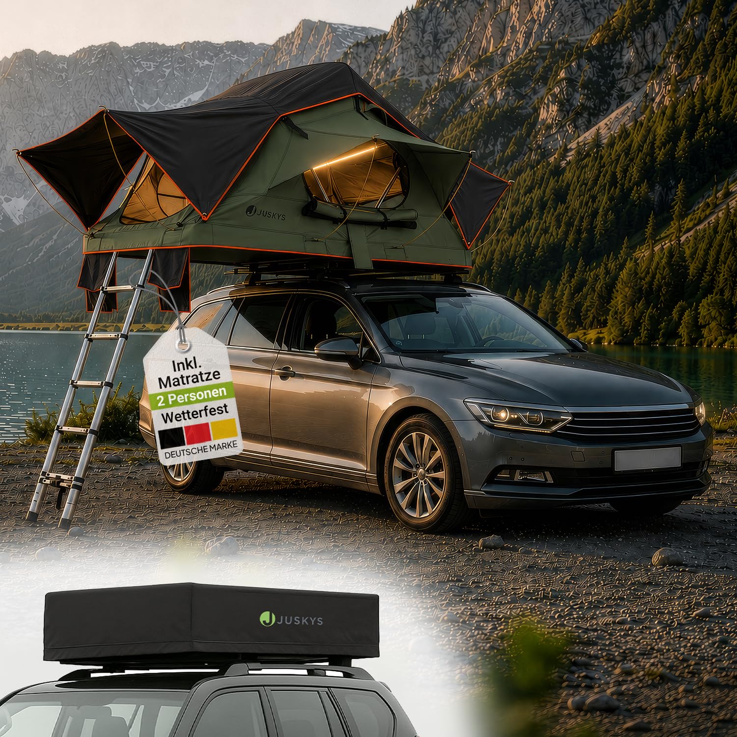 Juskys Autodachzelt Lago - Robuste Konstruktion, wasserabweisend & UV-Schutz, Autodachzelt, Camping, LED-Beleuchtung