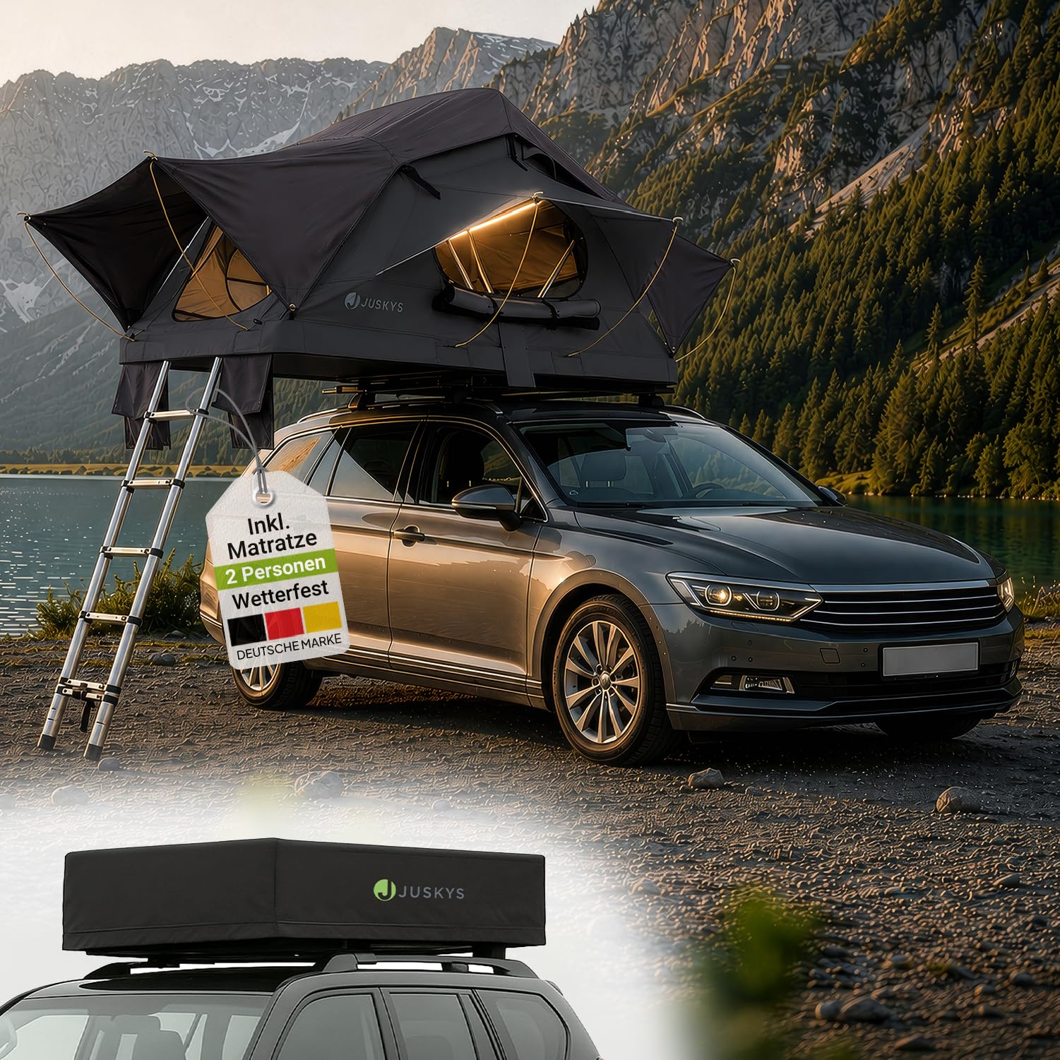 Juskys Autodachzelt Lago - Robuste Konstruktion, wasserabweisend & UV-Schutz, Autodachzelt, Camping, LED-Beleuchtung