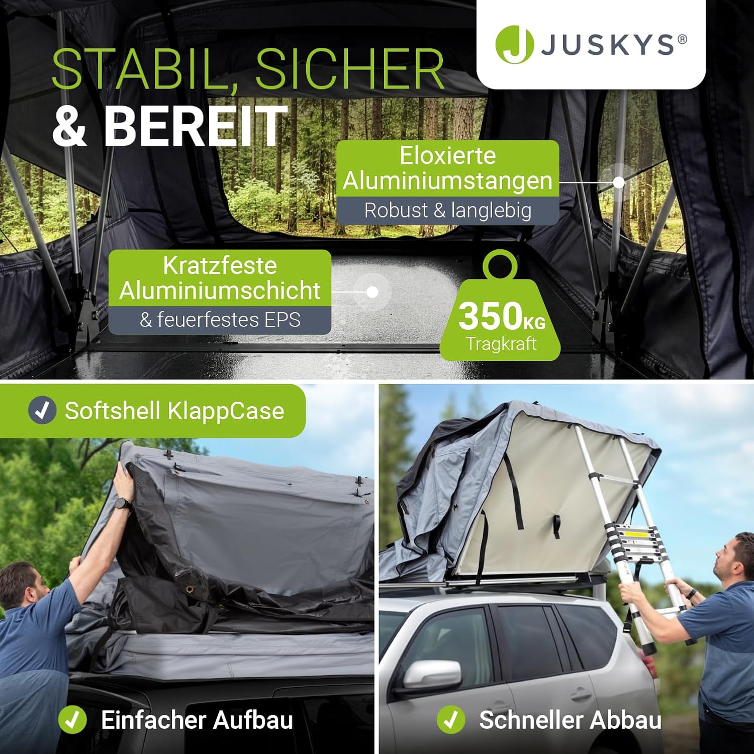 Juskys Autodachzelt Lago - Robuste Konstruktion, wasserabweisend & UV-Schutz, Autodachzelt, Camping, LED-Beleuchtung