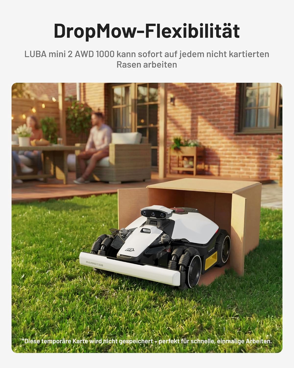 MAMMOTION LUBA Mini 2 AWD 1000 Mähroboter ohne Begrenzungskabel, Empf.1000㎡ Tri-Kamera AI Vision & NetRTK-Positionierung, Auto-Mapping, DropMow-Modus, 80% Steigung, Auto Mehrzonen Kartierung