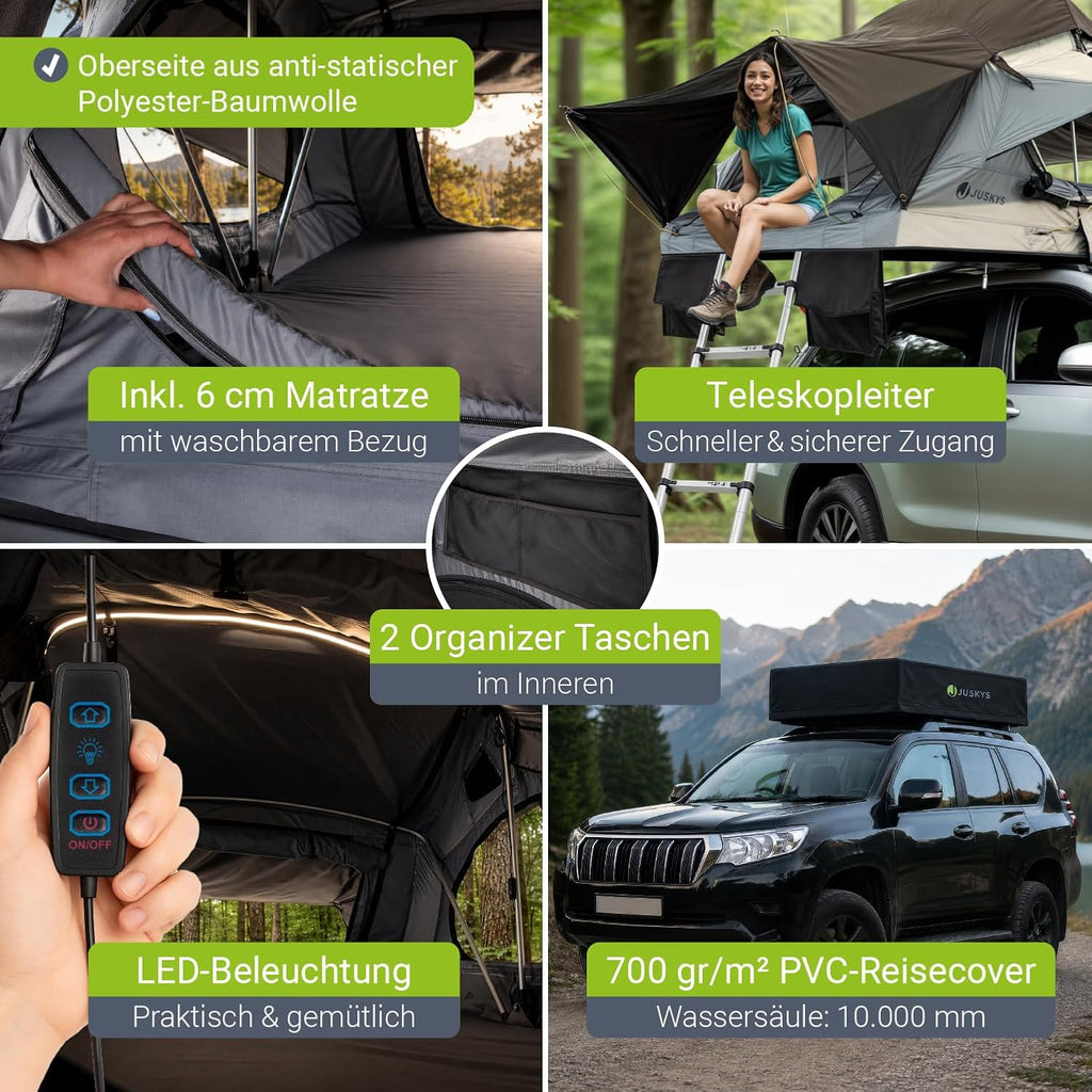 Juskys Autodachzelt Lago - Robuste Konstruktion, wasserabweisend & UV-Schutz, Autodachzelt, Camping, LED-Beleuchtung