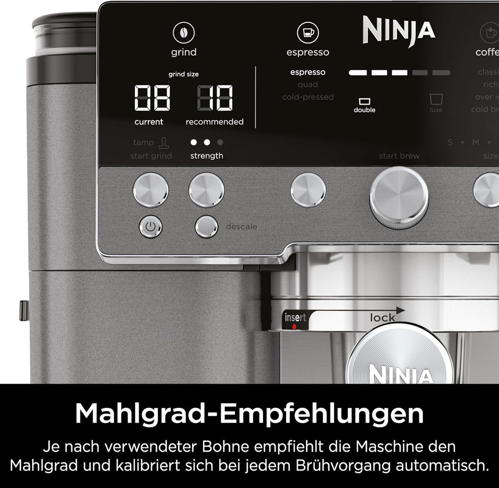Ninja Luxe Premier 3-in-1 Coffee Machine with Grinder, Frother for Latte, Cappuccino, Cold Brew & Espresso, Up to 2 Cups, 4 Frothing Presets, Grey Metal ES601EUGM